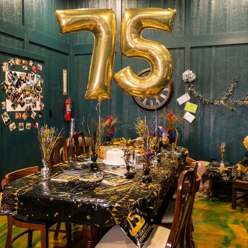 A private dining room decorated for a 75th birthday party with gold balloons and black and gold table settings.