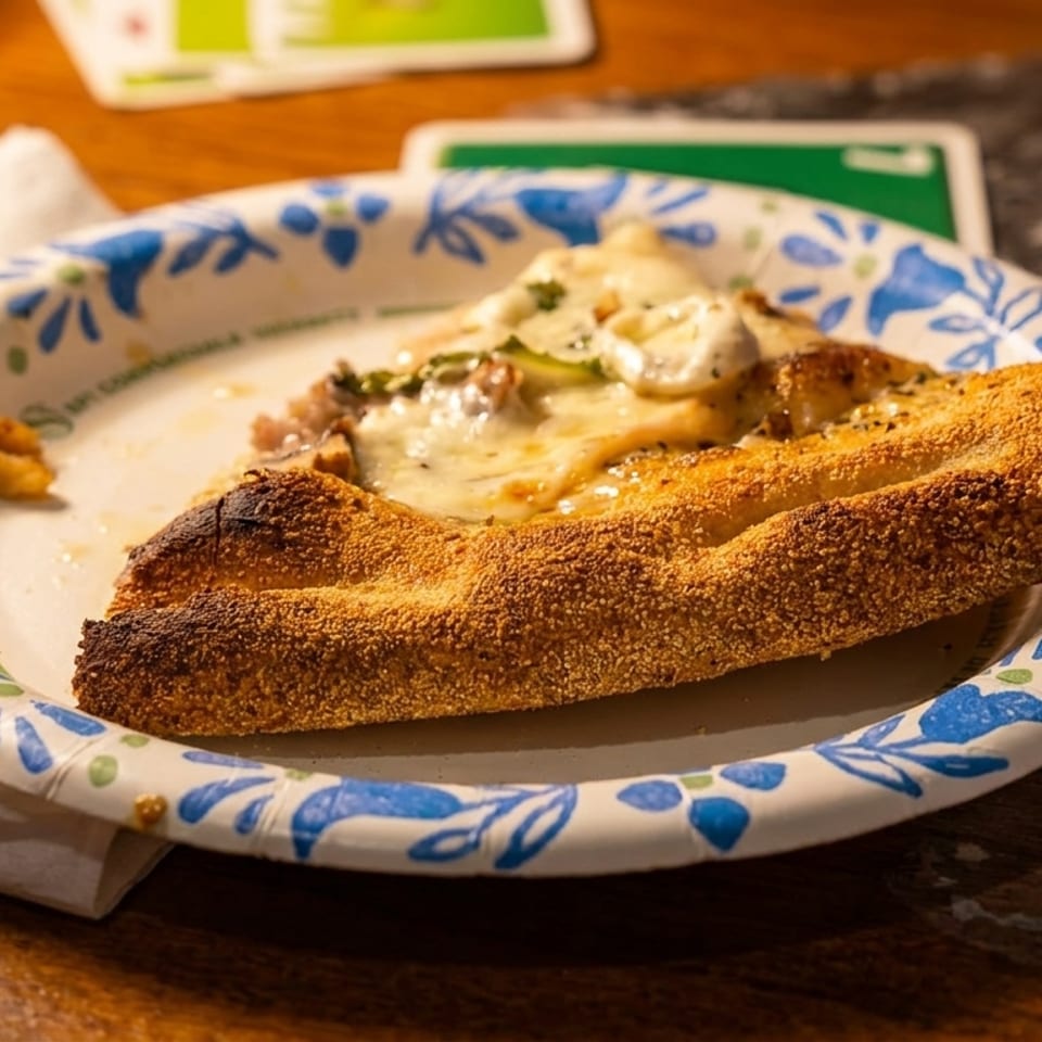 A slice of pizza with melted cheese and a thick, golden-brown crust on a paper plate.