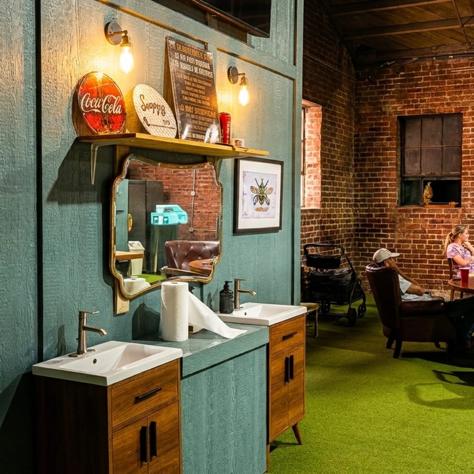 A vintage-themed lounge with green walls, brick, a green carpet, and people relaxing at tables.