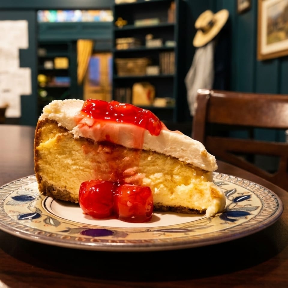A slice of cheesecake with cherry topping and whipped cream on a decorative plate.