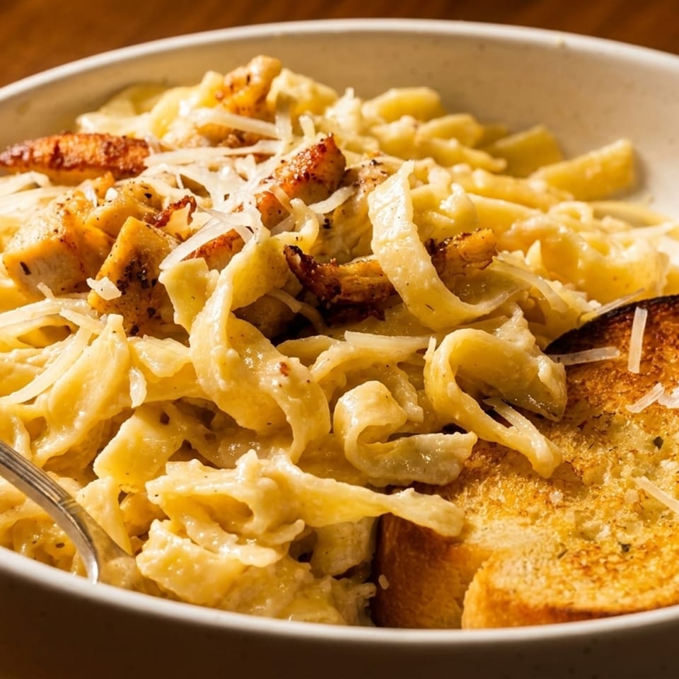 Creamy chicken fettuccine alfredo with grated parmesan cheese and a side of garlic bread.